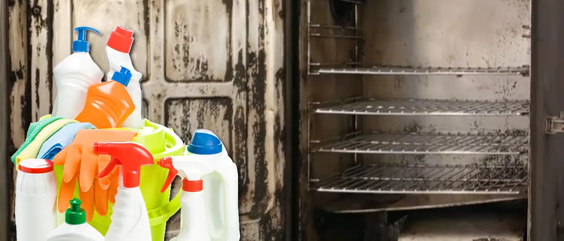 Inside a dirty electric smoker with cleaning materials