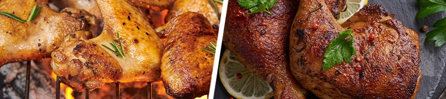 Tasty chicken breasts on smoker and on a black stone table