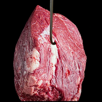 A brisket with hook hanging in black background