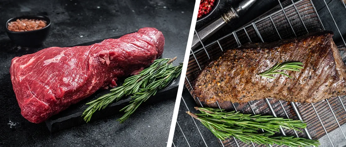 Raw Tri Tip steak and newly grilled steak