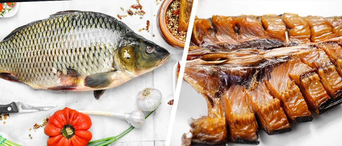 Smoked and raw carp fish close up image