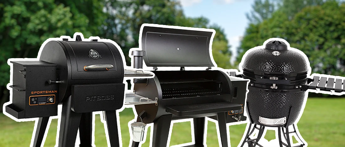 Different kinds of Pitboss smoker with white stroke and blurred outdoor background