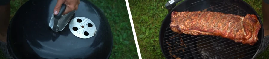 Opening and closing the lid of a charcoal grill with a ribs inside
