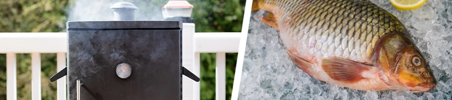 A smoker outdoors and a top of raw carp in marble tabletop