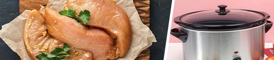 Chicken breast fillet with honey garlic marinate, a slow cooker in pink background