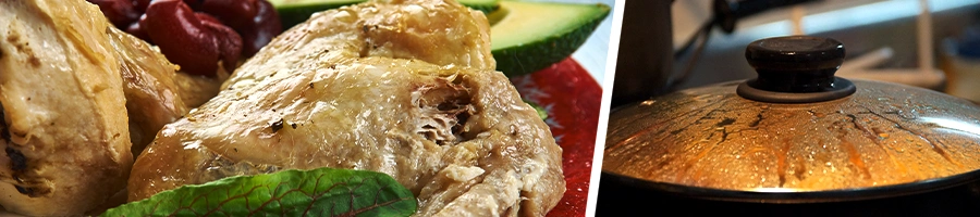 Slow cooked chicken served in plate and a slow cooker cooking meat inside