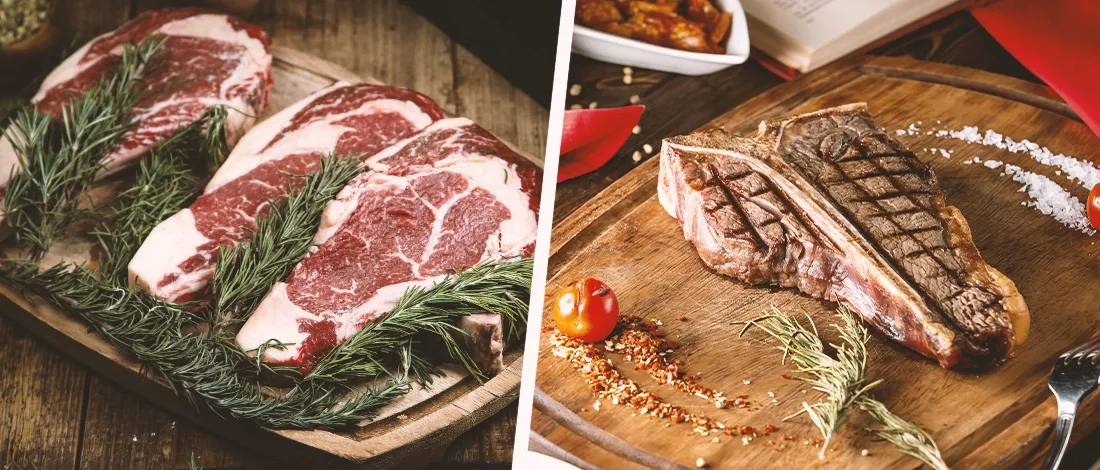 Ribeye and T-bone side by side