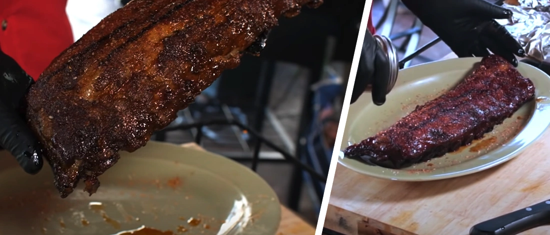 Holding a smoked baby back ribs