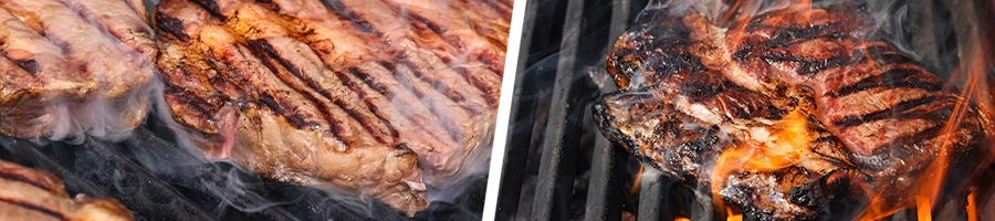 Close up image of a ribeye being cooked in a grill