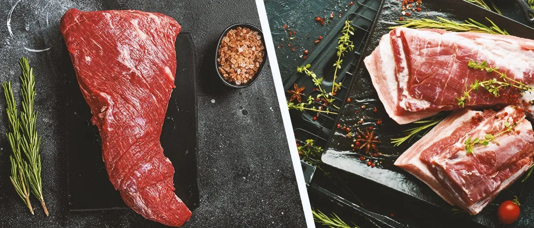 Tri-tip and Brisket side by side on a black counter top