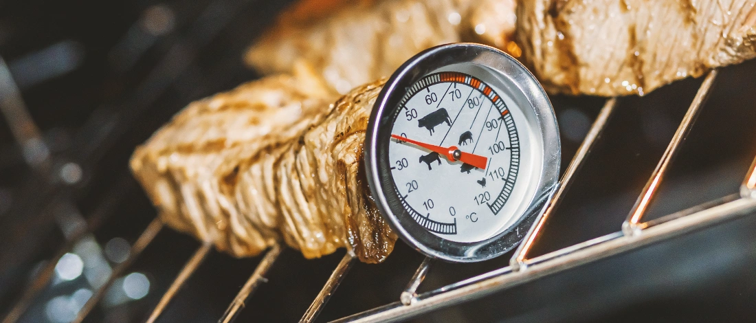 A thermometer probed on a piece of meat