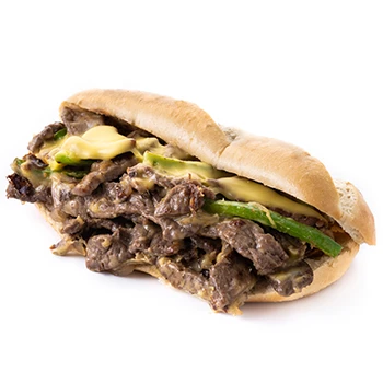 An image of Philly cheesesteak sandwich on a white background