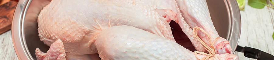 A close up shot of a raw turkey on a stainless bowl
