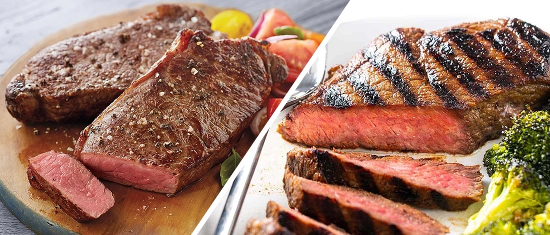 A comparison image of New York strip and sirloin steak
