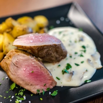 A perfectly cooked steak on a plate