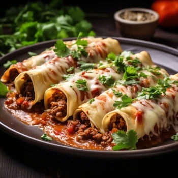 A close up shot of leftover steak enchiladas