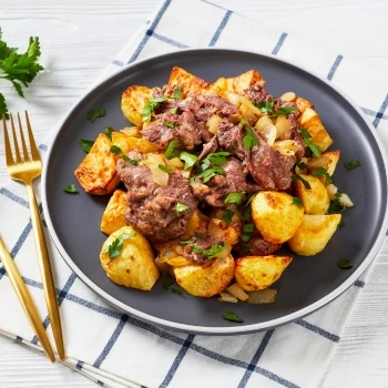 A leftover steak hash on a plate