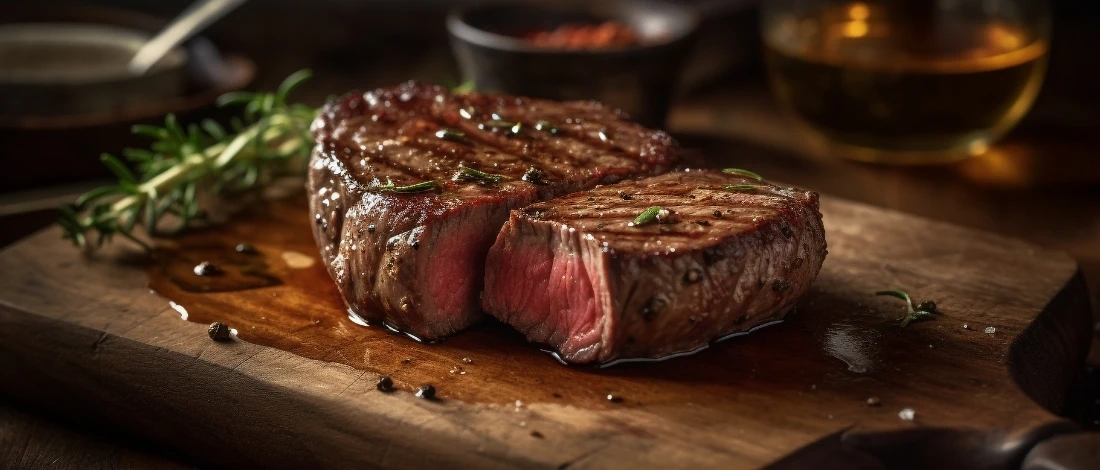 A sliced leftover steak on a wooden board