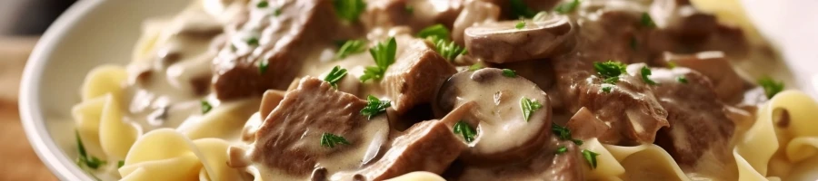 A close up shot of leftover steak beef stroganoff