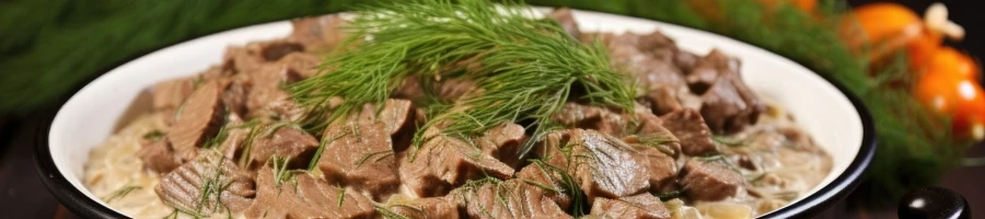 A beef stroganoff dish on a bowl