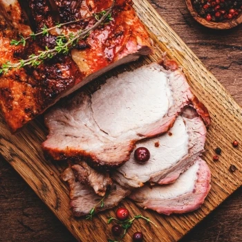 A top view of sliced pork loin