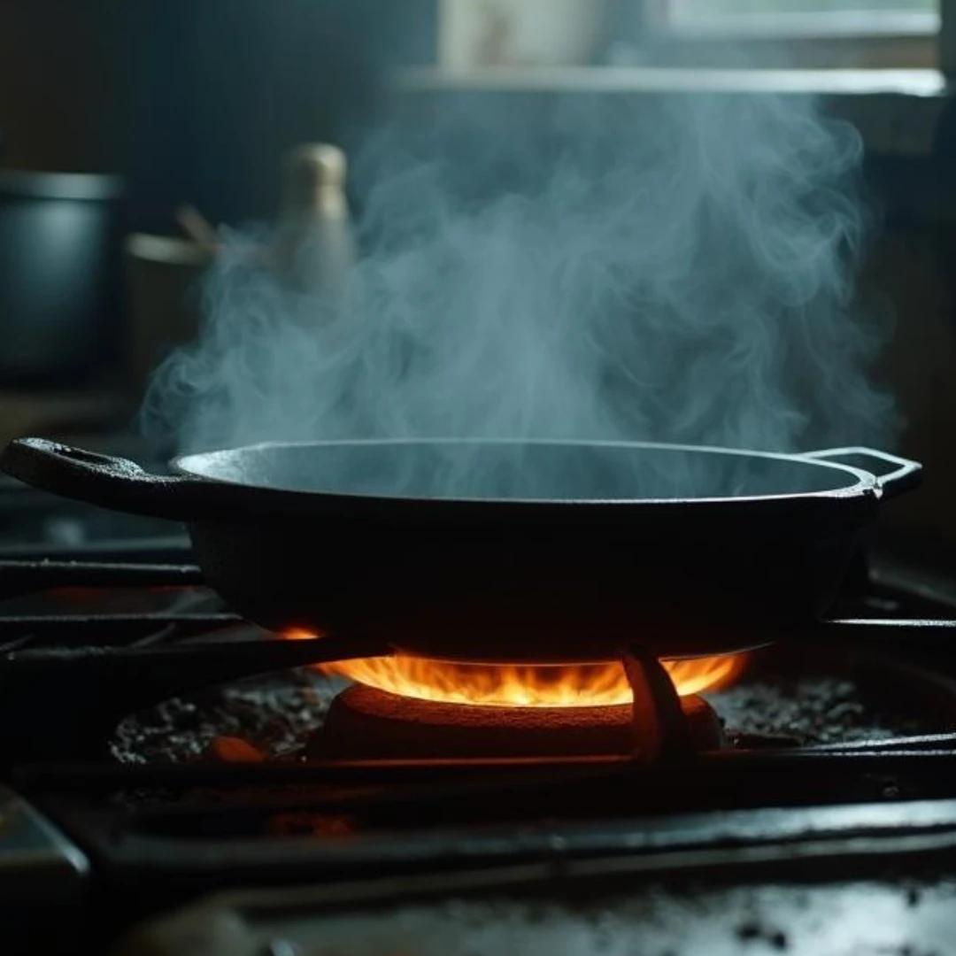 A skillet over a stove on a high heat