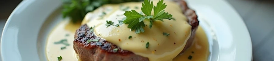 A mouthwatering steak with cheese sauce