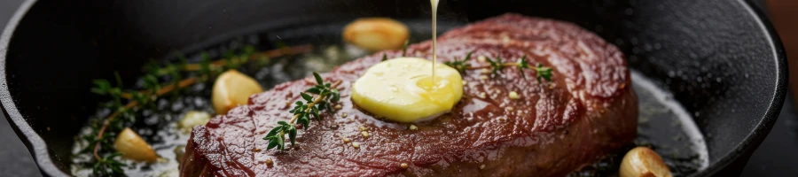 A steak being cooked in an cast iron skillet