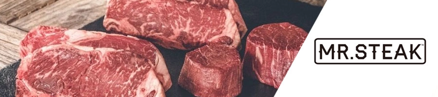 different cuts of meat in a plate, and Mr Steak logo