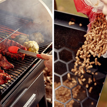 Food being grilled while wooden pellets are being poured on a smoker