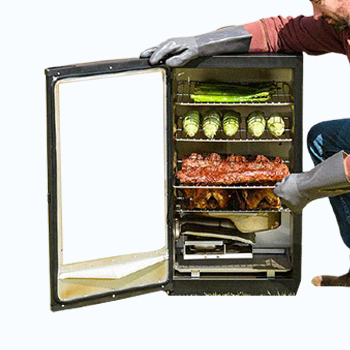 A person opening a smoker with food inside