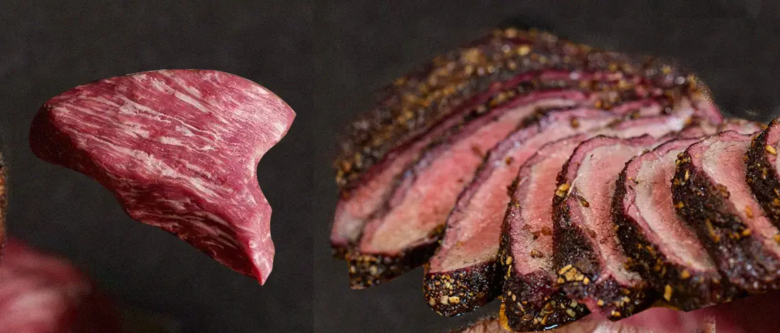 A tri tip cut of raw and cooked steaks