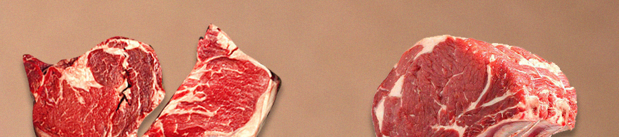 Two ribeye steaks and one prime rib on a flat background