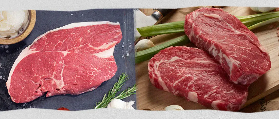 Preparing the two types of steaks (sirloin vs ribeye) on a chopping board