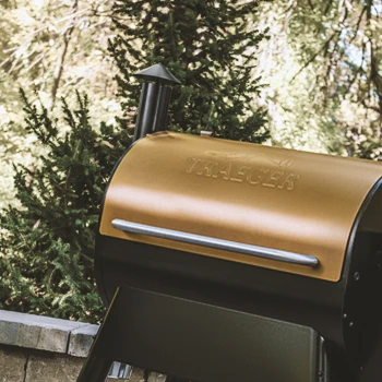 Close up shot of a closed Traeger Grill in the outdoors