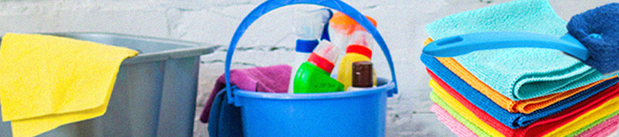 A bucket, microfiber towels, brush and other cleaning materials