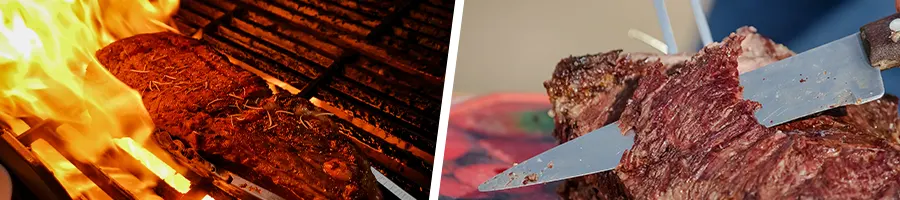 close up images of a meat getting grilled and a meat getting sliced