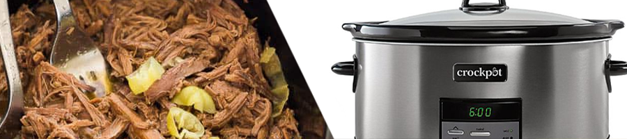 Close up iamge of pulled pork, crock pot in plain background