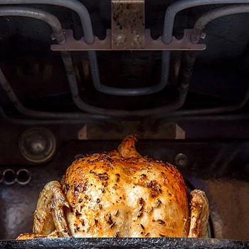 A broiler bottom view of chicken inside an oven