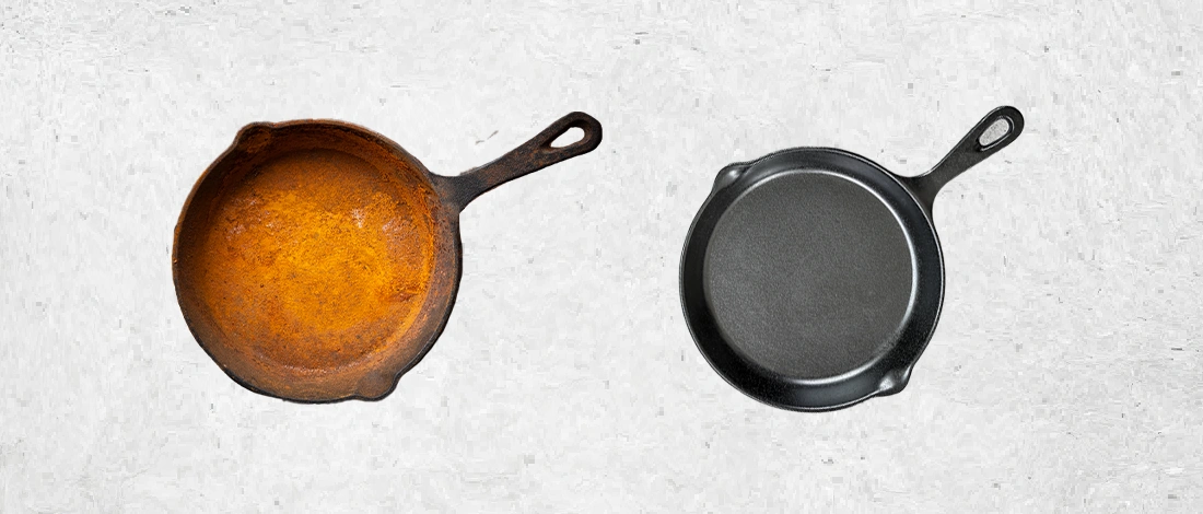 Rusty and newly cleaned cast iron skillet on plain background