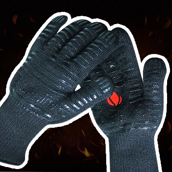 Grill heat glove brand in fire flame black background