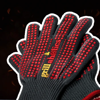 Grillaholics barbeque glove brand in fire flame black background