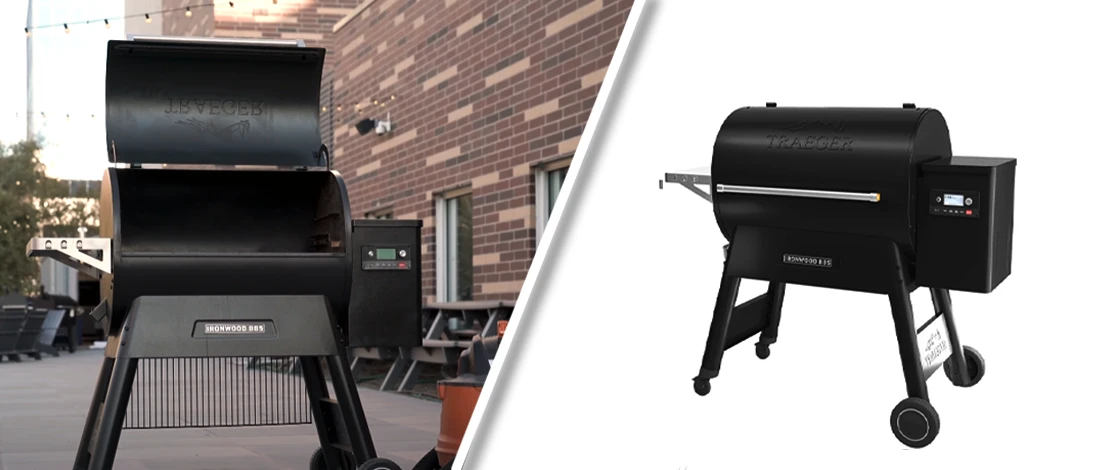 Traeger grill outdoor with opened lid and closed lid in white background