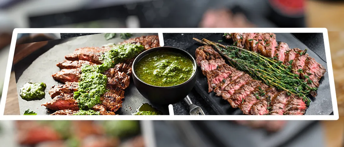 Skirt steaks with chimichurri sauce on different plates