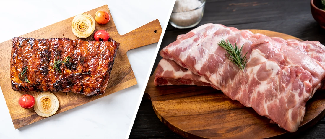 Raw baby back ribs and cooked ribs on cutting board
