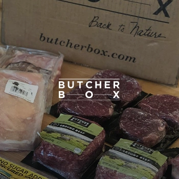 Butcherbox products on tabletop with box package