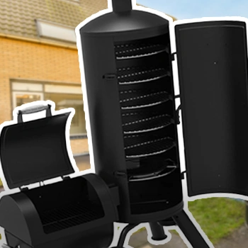 Vertical Smoker Grill product with stroke and blurred background