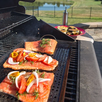 A grill with salmon and seafoods