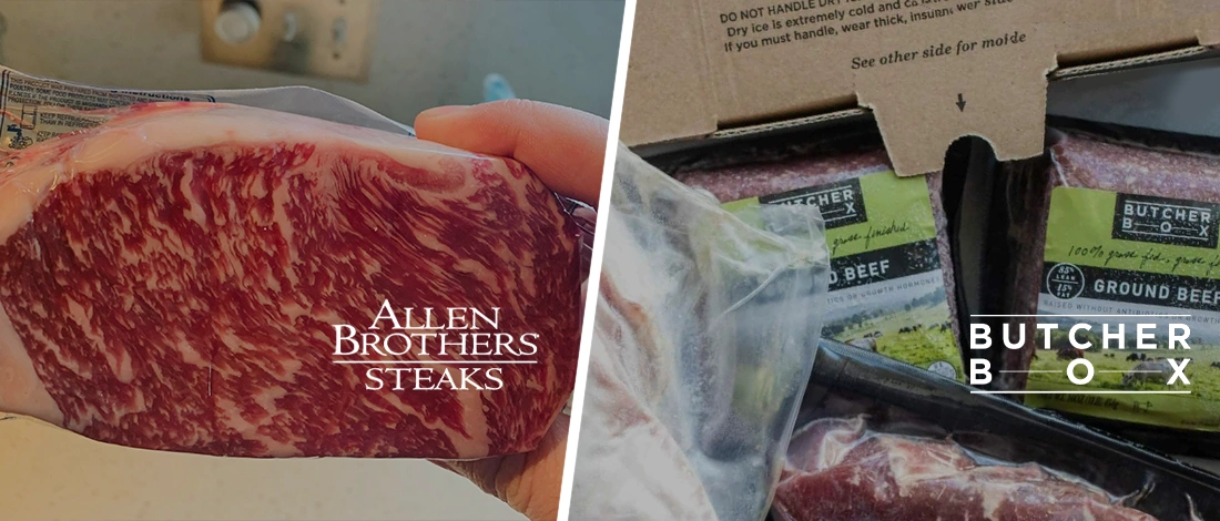 Allen Brothers meat vs Butcherbox products with logo overlays