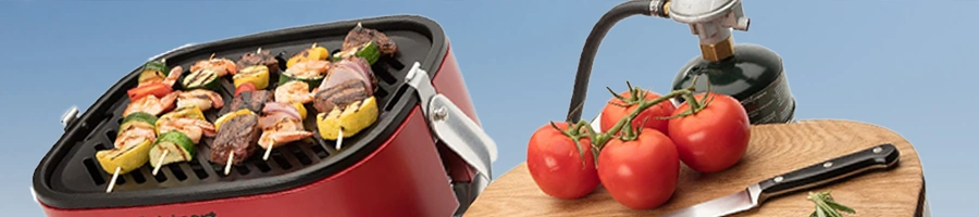 Grill and cutting board on blue background